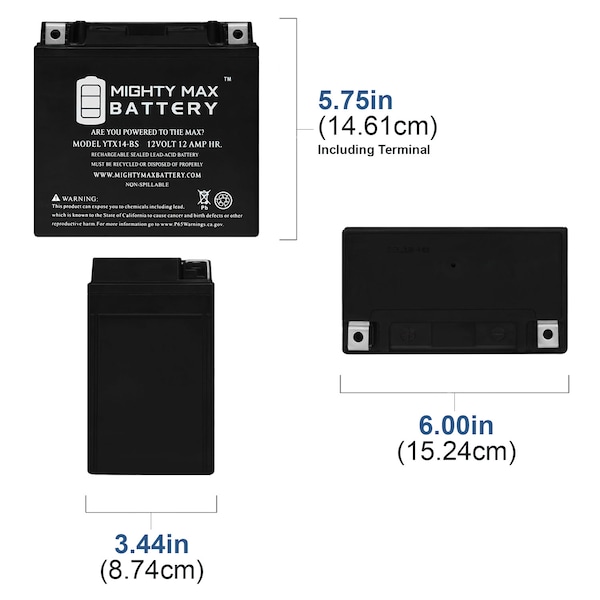YTX14-BS Battery Replaces Yamaha 500 Phazer All Models 07-09, 13, 15